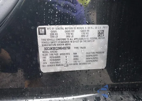 2017 Chevrolet Silverado 1500 2Lz z USA, uszkodzony, nr VIN 3GCUKSEC2HG432798